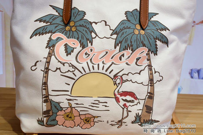 COACH蔻馳 女士新款 海灘椰子火烈鳥 帆布托特包 時尚單肩包 28077  Chz1522